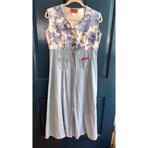 Sweet Heart Vintage Floral Denim‎ Maxi Dress Blue White Button Front Sleeveless